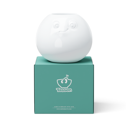 Exclusive designer flower vase made from premium porcelain with an 'amused' facial expression. Stands at 6.5 inches tall on a footed base. From the popular product family of fun porcelain ware by FIFTYEIGHT Products. Made in Germany according to environmental standards.