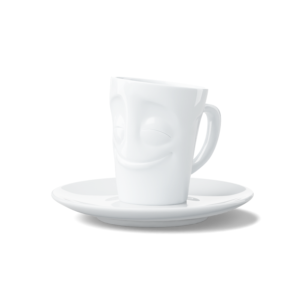 Premium porcelain espresso cup with saucer in white from the porcelain product family of fun dishware by FIFTYEIGHT Products. Offers 2.7 oz capacity and comes with a matching saucer. Dishwasher and microwave safe cup with an 'cheery' facial expression. Shipped in exclusively designed gift box.