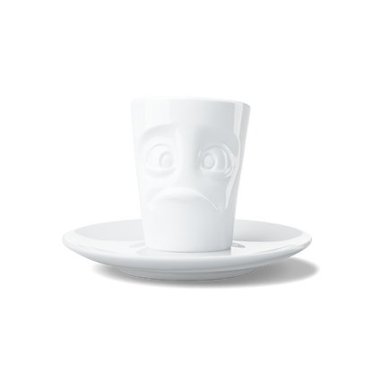 Premium porcelain espresso cup with saucer in white from the porcelain product family of fun dishware by FIFTYEIGHT Products. Offers 2.7 oz capacity and comes with a matching saucer. Dishwasher and microwave safe cup with an 'baffled' facial expression. Shipped in exclusively designed gift box.