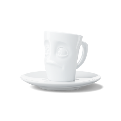 Premium porcelain espresso cup with saucer in white from the porcelain product family of fun dishware by FIFTYEIGHT Products. Offers 2.7 oz capacity and comes with a matching saucer. Dishwasher and microwave safe cup with an 'baffled' facial expression. Shipped in exclusively designed gift box.