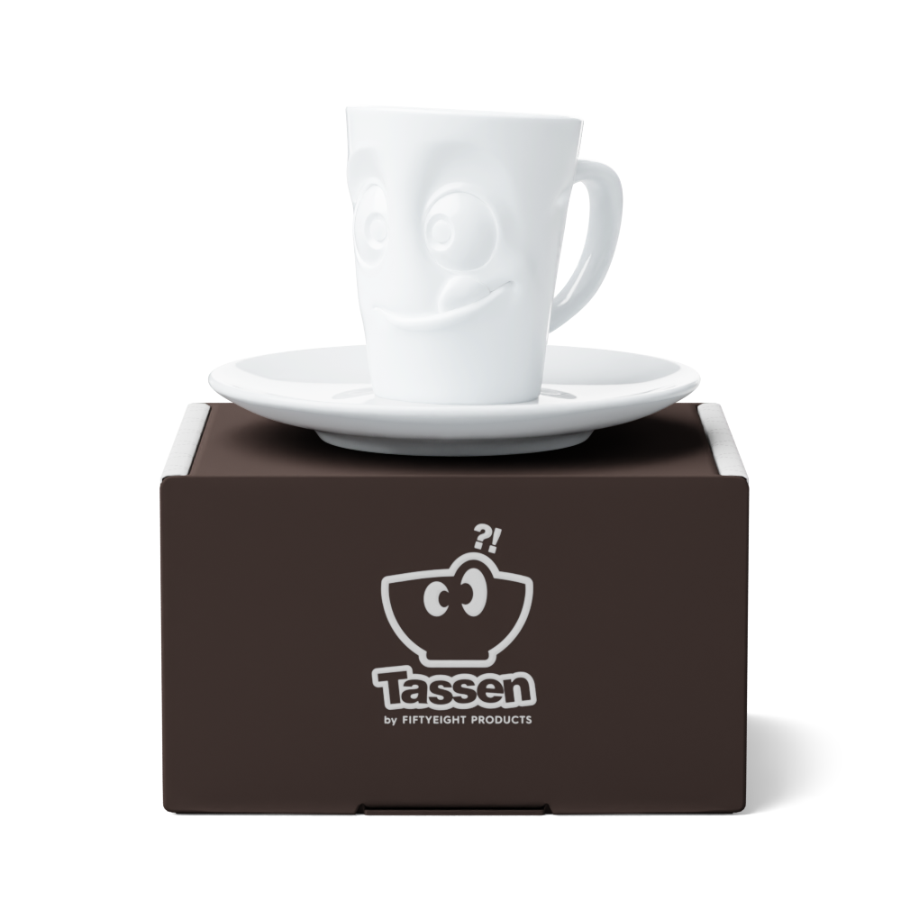 Premium porcelain espresso cup with saucer in white from the porcelain product family of fun dishware by FIFTYEIGHT Products. Offers 2.7 oz capacity and comes with a matching saucer. Dishwasher and microwave safe cup with a 'tasty' facial expression. Shipped in exclusively designed gift box.