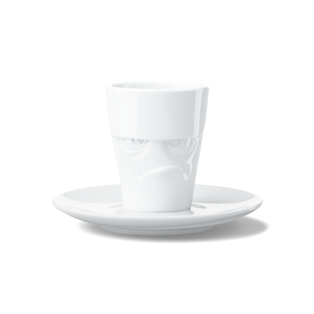 Premium porcelain espresso cup with saucer in white from the porcelain product family of fun dishware by FIFTYEIGHT Products. Offers 2.7 oz capacity and comes with a matching saucer. Dishwasher and microwave safe cup with a 'grumpy' facial expression. Shipped in exclusively designed gift box.