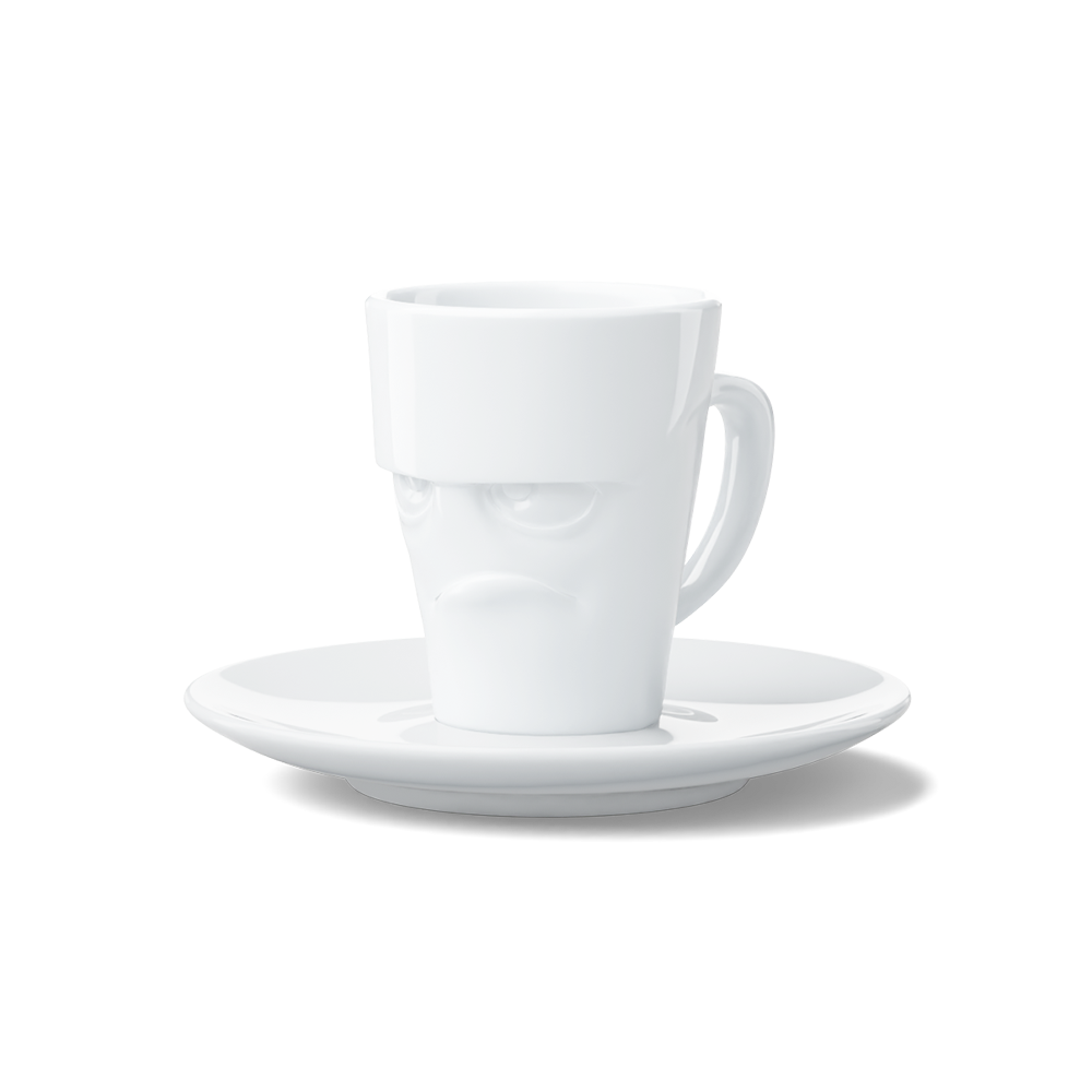 Premium porcelain espresso cup with saucer in white from the porcelain product family of fun dishware by FIFTYEIGHT Products. Offers 2.7 oz capacity and comes with a matching saucer. Dishwasher and microwave safe cup with a 'grumpy' facial expression. Shipped in exclusively designed gift box.