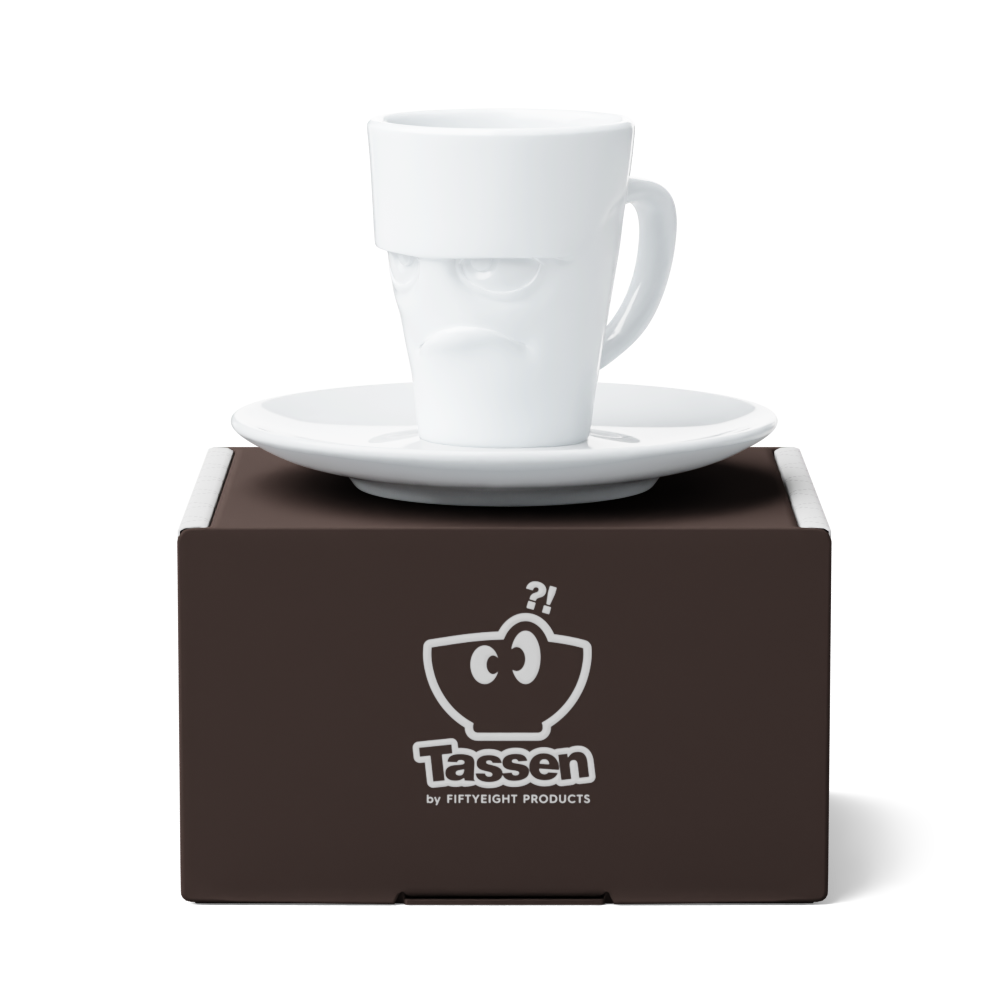 Premium porcelain espresso cup with saucer in white from the porcelain product family of fun dishware by FIFTYEIGHT Products. Offers 2.7 oz capacity and comes with a matching saucer. Dishwasher and microwave safe cup with a 'grumpy' facial expression. Shipped in exclusively designed gift box.