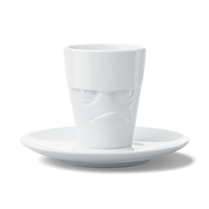 This amazing espresso mug with a 'grumpy' facial expression and 2.7 oz capacity will start your day on a high note. Premium porcelain espresso cup in a tall 'mug' design with saucer in white. From the TASSEN product family of fun dishware by FIFTYEIGHT Products.