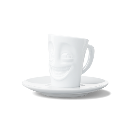 Premium porcelain espresso cup with saucer in white from the porcelain product family of fun dishware by FIFTYEIGHT Products. Offers 2.7 oz capacity and comes with a matching saucer. Dishwasher and microwave safe cup with a 'joking' facial expression. Shipped in exclusively designed gift box.