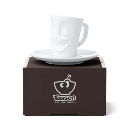 Premium porcelain espresso cup with saucer in white from the porcelain product family of fun dishware by FIFTYEIGHT Products. Offers 2.7 oz capacity and comes with a matching saucer. Dishwasher and microwave safe cup with a 'joking' facial expression. Shipped in exclusively designed gift box.