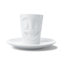 Load image into Gallery viewer, Espresso mug with a &#39;joking&#39; facial expression and 2.7 oz capacity will start your day on a high note. Premium porcelain espresso cup in a tall &#39;mug&#39; design with saucer in white. From the TASSEN product family of fun dishware by FIFTYEIGHT Products.
