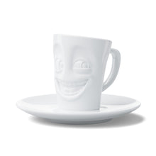 Load image into Gallery viewer, Espresso mug with a &#39;joking&#39; facial expression and 2.7 oz capacity will start your day on a high note. Premium porcelain espresso cup in a tall &#39;mug&#39; design with saucer in white. From the TASSEN product family of fun dishware by FIFTYEIGHT Products.
