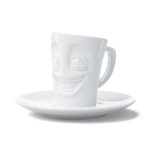 Espresso mug with a 'joking' facial expression and 2.7 oz capacity will start your day on a high note. Premium porcelain espresso cup in a tall 'mug' design with saucer in white. From the TASSEN product family of fun dishware by FIFTYEIGHT Products.