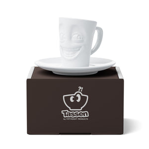 Espresso mug with a 'joking' facial expression and 2.7 oz capacity will start your day on a high note. Premium porcelain espresso cup in a tall 'mug' design with saucer in white. From the TASSEN product family of fun dishware by FIFTYEIGHT Products.
