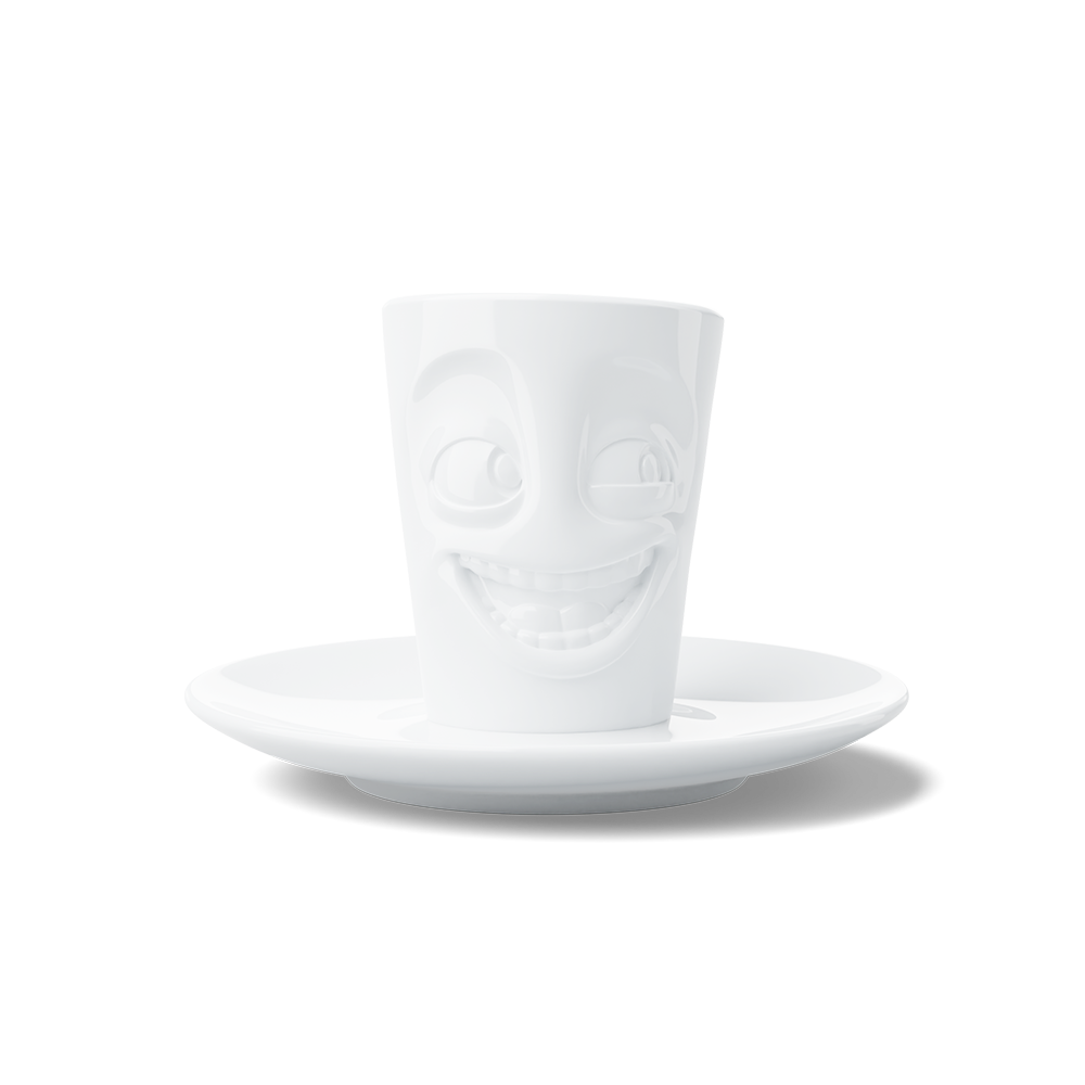 Espresso mug with a 'joking' facial expression and 2.7 oz capacity will start your day on a high note. Premium porcelain espresso cup in a tall 'mug' design with saucer in white. From the TASSEN product family of fun dishware by FIFTYEIGHT Products.