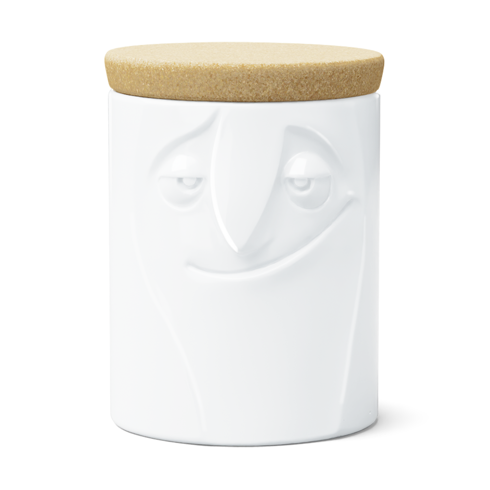 Quality porcelain storage jar with 57 oz. capacity and a 'charming' facial expression. Closes securely with a natural cork lid. Dishwasher and microwave-safe (except for cork lid).From the porcelain product family of fun dishware by FIFTYEIGHT Products. Made in Germany according to environmental standards.standards.