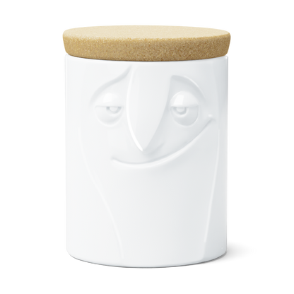 Quality porcelain storage jar with 57 oz. capacity and a 'charming' facial expression. Closes securely with a natural cork lid. Dishwasher and microwave-safe (except for cork lid).From the porcelain product family of fun dishware by FIFTYEIGHT Products. Made in Germany according to environmental standards.standards.