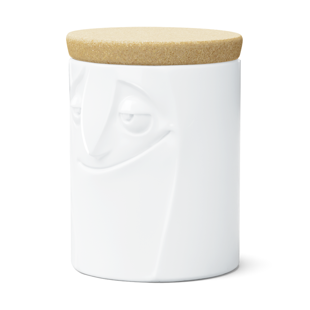 Quality porcelain storage jar with 57 oz. capacity and a 'charming' facial expression. Closes securely with a natural cork lid. Dishwasher and microwave-safe (except for cork lid).From the porcelain product family of fun dishware by FIFTYEIGHT Products. Made in Germany according to environmental standards.standards.