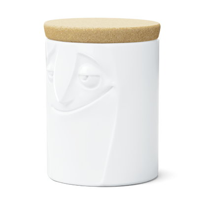 Quality porcelain storage jar with 57 oz. capacity and a 'charming' facial expression. Closes securely with a natural cork lid. Dishwasher and microwave-safe (except for cork lid).From the porcelain product family of fun dishware by FIFTYEIGHT Products. Made in Germany according to environmental standards.standards.