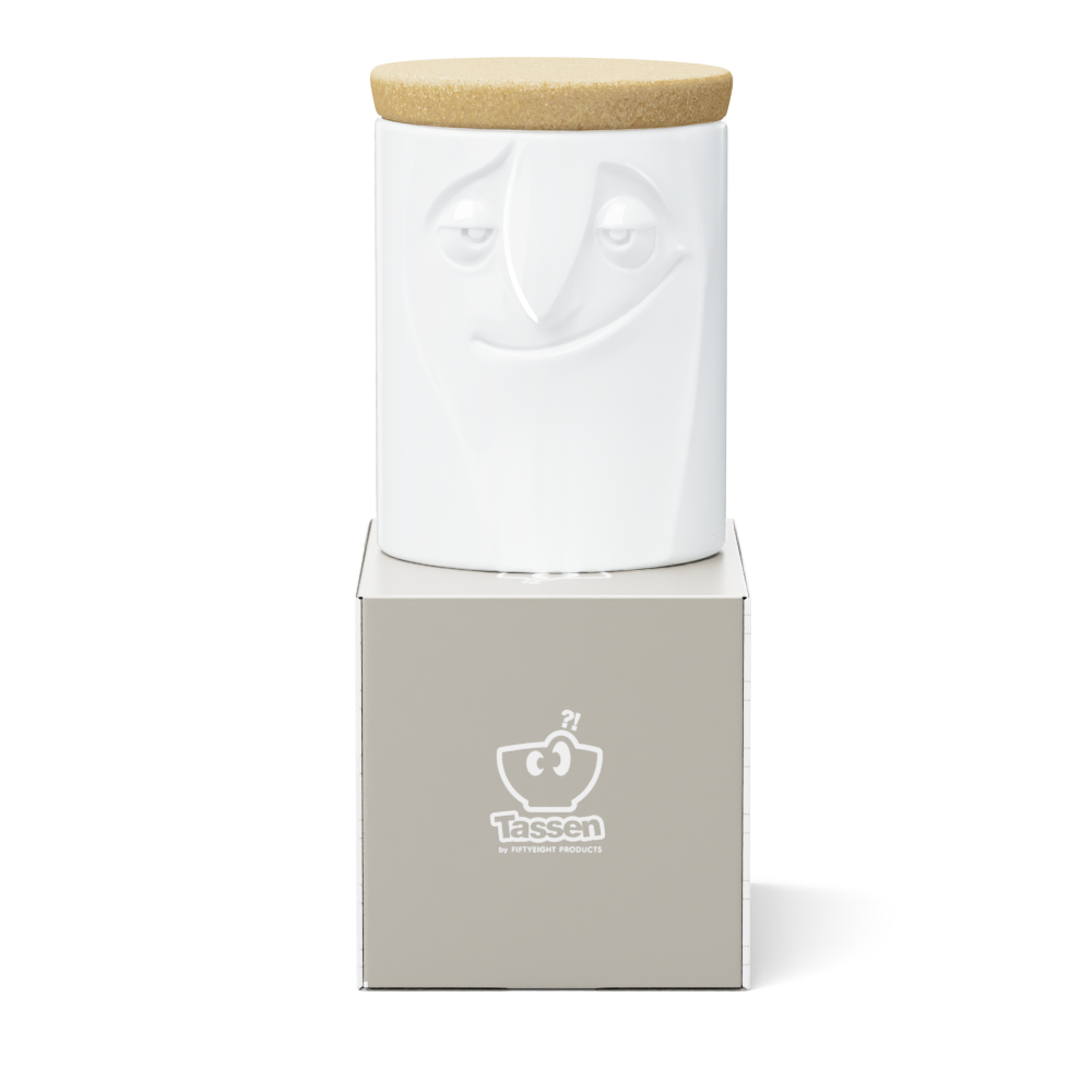 Quality porcelain storage jar with 57 oz. capacity and a 'charming' facial expression. Closes securely with a natural cork lid. Dishwasher and microwave-safe (except for cork lid).From the porcelain product family of fun dishware by FIFTYEIGHT Products. Made in Germany according to environmental standards.standards.