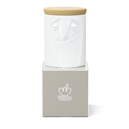 Quality porcelain storage jar with 57 oz. capacity and a 'charming' facial expression. Closes securely with a natural cork lid. Dishwasher and microwave-safe (except for cork lid).From the porcelain product family of fun dishware by FIFTYEIGHT Products. Made in Germany according to environmental standards.standards.