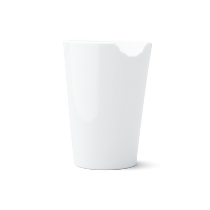 Premium porcelain coffee mug with a 'bite' mark and no handle from the porcelain product family of fun dishware by FIFTYEIGHT Products. Offers 13.5 oz capacity for serving coffee, tea, latte, matcha, soup and more. Dishwasher and microwave safe. Shipped in exclusively designed gift box.