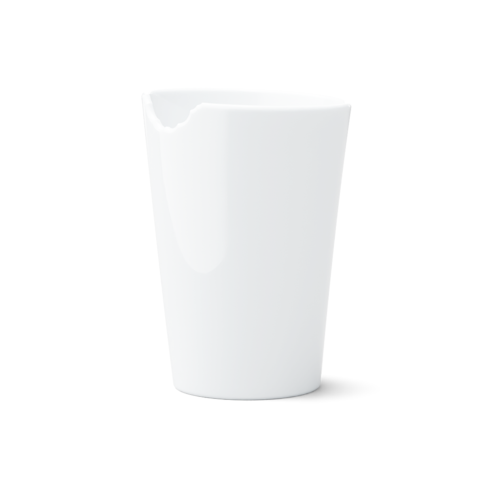 Premium porcelain coffee mug with a 'bite' mark and no handle from the porcelain product family of fun dishware by FIFTYEIGHT Products. Offers 13.5 oz capacity for serving coffee, tea, latte, matcha, soup and more. Dishwasher and microwave safe. Shipped in exclusively designed gift box.