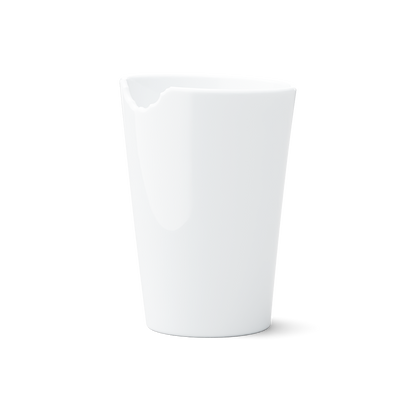 Premium porcelain coffee mug with a 'bite' mark and no handle from the porcelain product family of fun dishware by FIFTYEIGHT Products. Offers 13.5 oz capacity for serving coffee, tea, latte, matcha, soup and more. Dishwasher and microwave safe. Shipped in exclusively designed gift box.