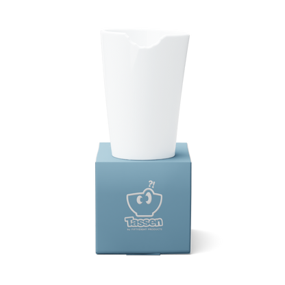Premium porcelain coffee mug with a 'bite' mark and no handle from the porcelain product family of fun dishware by FIFTYEIGHT Products. Offers 13.5 oz capacity for serving coffee, tea, latte, matcha, soup and more. Dishwasher and microwave safe. Shipped in exclusively designed gift box.
