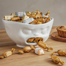 Load image into Gallery viewer, Premium extra large porcelain bowl in white from the porcelain product family of fun dishware by FIFTYEIGHT Products. Offers 33 oz capacity with hole in front for fun effect to serve snacks. Dishwasher and microwave safe bowl featuring a sculpted ‘barfing’ facial expression. Shipped in exclusively designed gift box.
