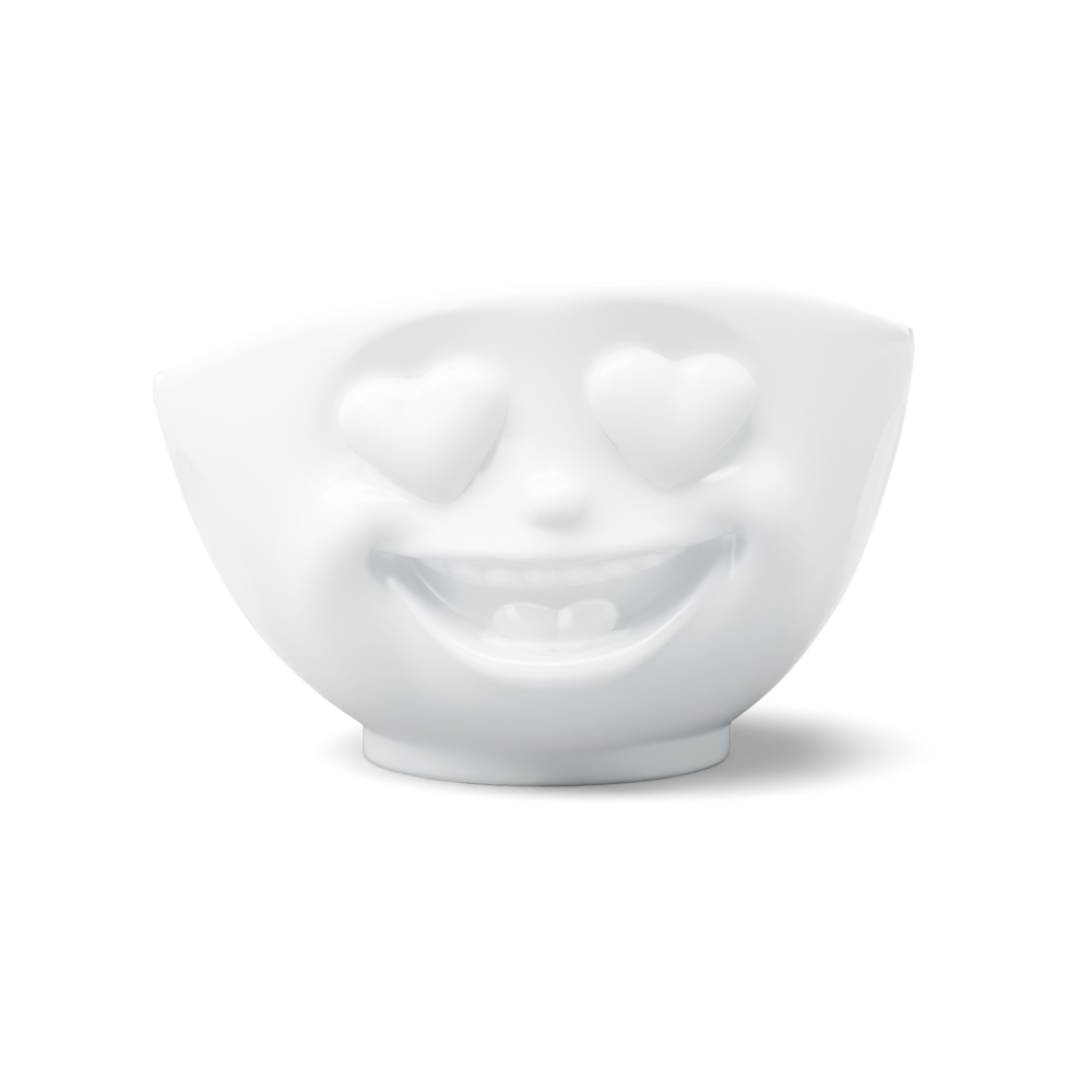 FIFTYEIGHT Products HEARTFUL Bowl 500ml porcelain serving bowl with heart eyes emoji face design. White porcelain with expressive love-struck expression, available in classic white or ruby-red interior. Made in Germany, dishwasher-safe.