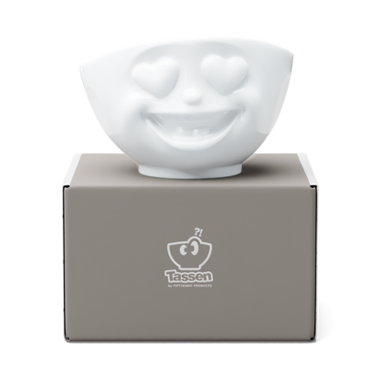 FIFTYEIGHT Products HEARTFUL Bowl 500ml porcelain serving bowl with heart eyes emoji face design. White porcelain with expressive love-struck expression, available in classic white or ruby-red interior. Made in Germany, dishwasher-safe.