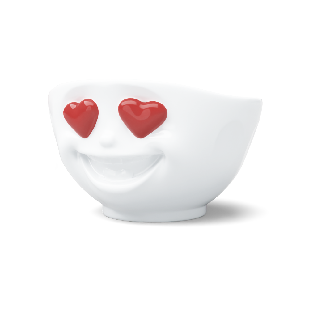 Premium porcelain bowl in white from the porcelain product family of fun dishware by FIFTYEIGHT Products. Featuring a sculpted ‘heartful’ facial expression inspired by heart eyes emoji with colorful eyes. Shipped in exclusively designed gift box.