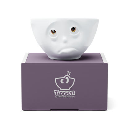 Premium porcelain bowl in white with colorful accents from the porcelain product family of fun dishware by FIFTYEIGHT Products. Offers 6.7 oz capacity perfect for serving ice cream to tapas, nuts and hearty dips. Dishwasher and microwave safe bowl featuring a sculpted ‘Oh Please’ facial expression. Shipped in exclusively designed gift box.