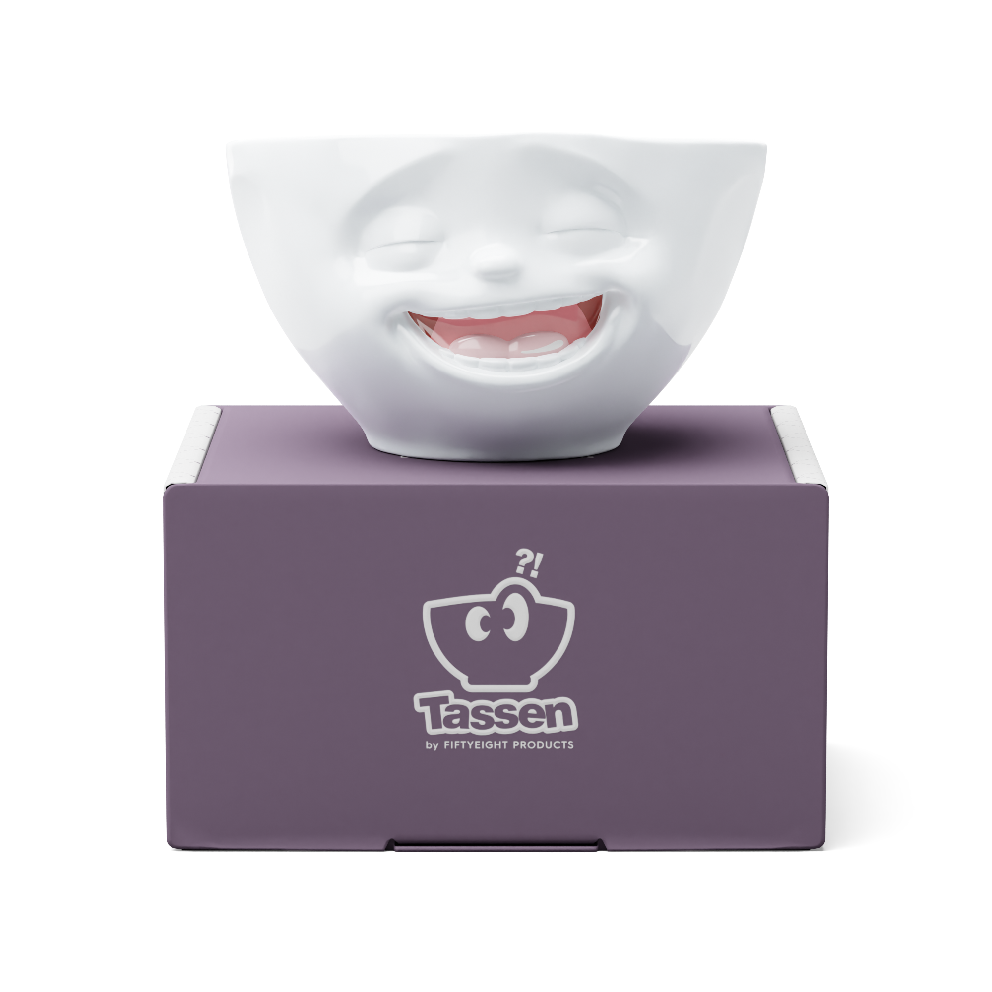 Premium porcelain bowl in white with colorful accents from the porcelain product family of fun dishware by FIFTYEIGHT Products. Offers 6.7 oz capacity perfect for serving ice cream to tapas, nuts and hearty dips. Dishwasher and microwave safe bowl featuring a sculpted ‘laughing’ facial expression. Shipped in exclusively designed gift box.