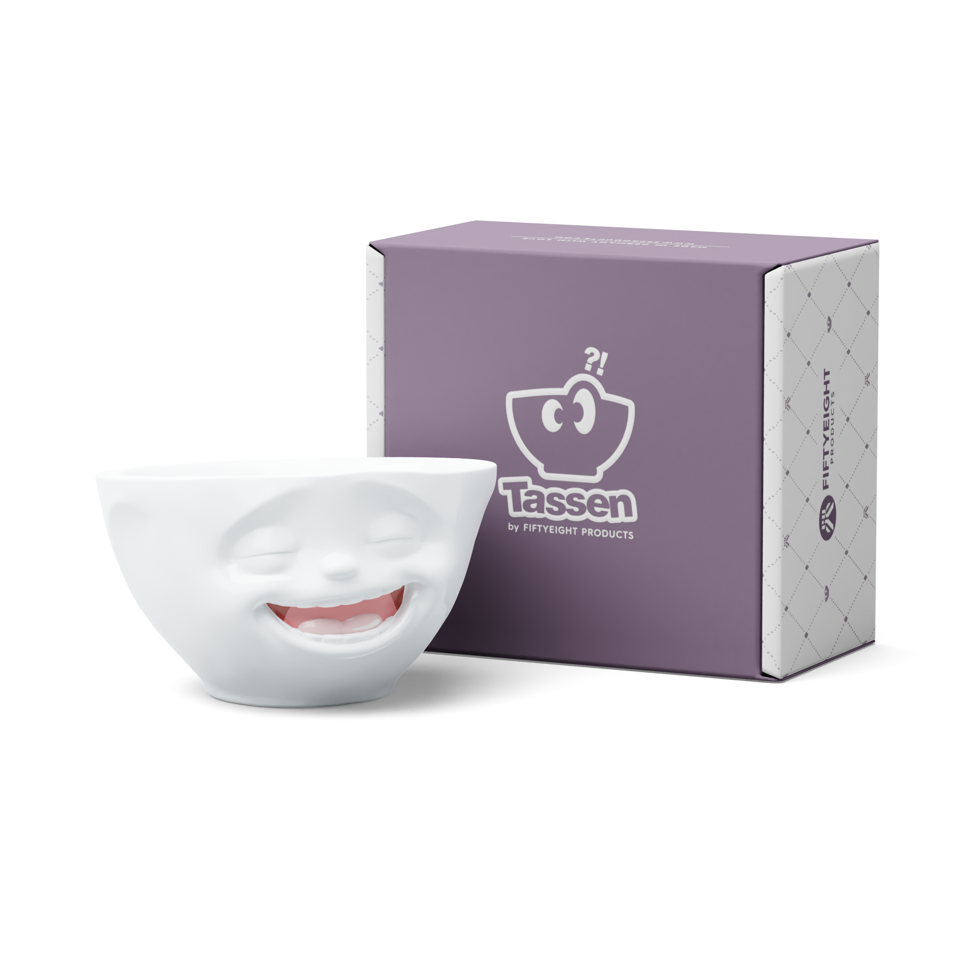 Premium porcelain bowl in white with colorful accents from the porcelain product family of fun dishware by FIFTYEIGHT Products. Offers 6.7 oz capacity perfect for serving ice cream to tapas, nuts and hearty dips. Dishwasher and microwave safe bowl featuring a sculpted ‘laughing’ facial expression. Shipped in exclusively designed gift box.