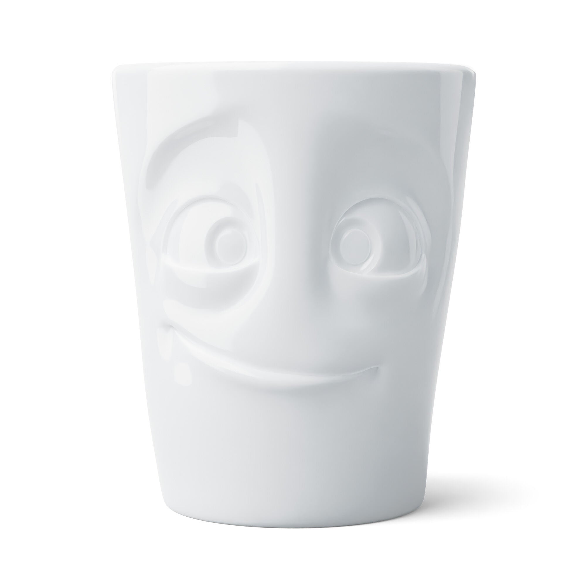 FIFTYEIGHT Products Maximug READY extra-large 16.9oz white porcelain mug with handle. Features wide-eyed eager READY face expression. Premium German porcelain, dishwasher-safe. Made in Germany, perfect for oversized coffee.