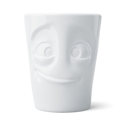 FIFTYEIGHT Products Maximug READY extra-large 16.9oz white porcelain mug with handle. Features wide-eyed eager READY face expression. Premium German porcelain, dishwasher-safe. Made in Germany, perfect for oversized coffee.