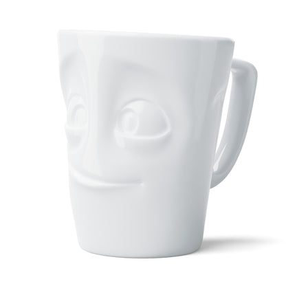 FIFTYEIGHT Products Maximug READY extra-large 16.9oz white porcelain mug with handle. Features wide-eyed eager READY face expression. Premium German porcelain, dishwasher-safe. Made in Germany, perfect for oversized coffee.
