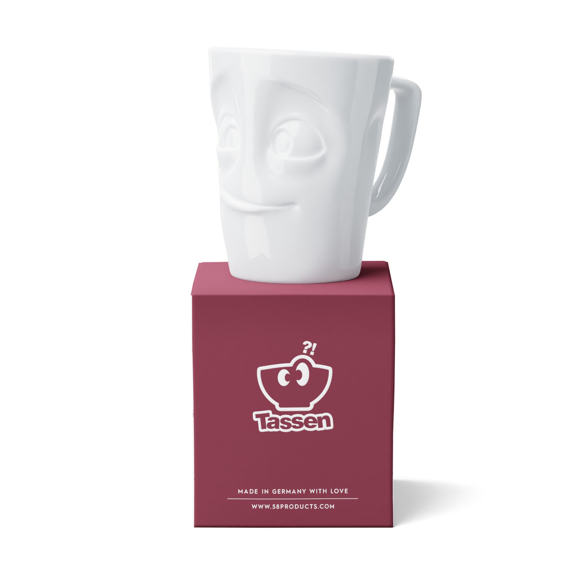 FIFTYEIGHT Products Maximug READY extra-large 16.9oz white porcelain mug with handle. Features wide-eyed eager READY face expression. Premium German porcelain, dishwasher-safe. Made in Germany, perfect for oversized coffee.