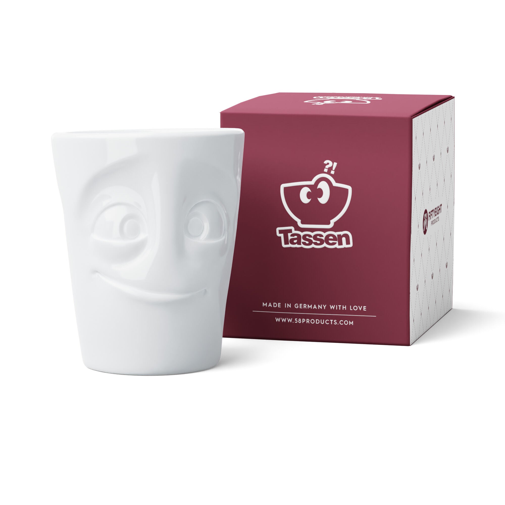 FIFTYEIGHT Products Maximug READY extra-large 16.9oz white porcelain mug with handle. Features wide-eyed eager READY face expression. Premium German porcelain, dishwasher-safe. Made in Germany, perfect for oversized coffee.