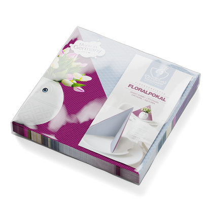 Pack of 20 disposable paper napkins in transparent packaging. Colorful paper napkins featuring zany character artwork in "Bouquet Gourmet" design. 12 by 12 inches in size and Made in Germany according to environmental standards.