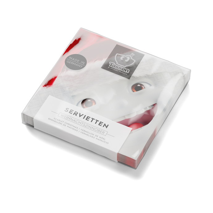 Pack of 20 disposable paper napkins in transparent packaging. Colorful paper napkins featuring zany TASSEN artwork in 