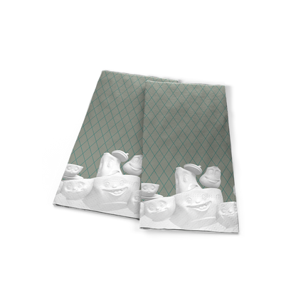 Pack of 16 disposable paper napkins in transparent packaging. Colorful paper napkins featuring zany character artwork in "Full Bloom Festoon" design. 12 by 12 inches in size and Made in Germany according to environmental standards.