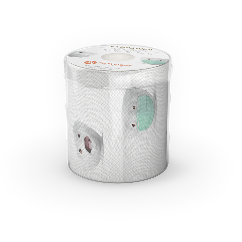 Roll of toilet paper with printed character design. Package diameter 4.3 inch, Height 4.1 inches, Weight 0.28 lbs. Single roll of soft toilet paper ships in a transparent gift box. Made in Germany according to environmental standards.