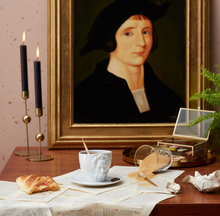Load image into Gallery viewer, Premium porcelain coffee cup with saucer in white with sculpted Johann Wolfgang von Goethe face. Dishwasher and microwave safe cup at 8.7 oz capacity. From the TALENT product family of cups dedicated to creative geniuses by FIFTYEIGHT Products.
