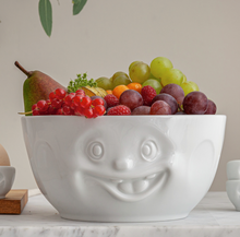Load image into Gallery viewer, Extra big 87.5 ounce porcelain bowl in white featuring a sculpted ‘out of control’ facial expression. From the TASSEN product family of fun dishware by FIFTYEIGHT Products. Quality bowl perfect for entertaining guests and serving salads, side dishes, stew, chili, chips, and more.
