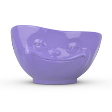 Load image into Gallery viewer, 16 ounce capacity porcelain bowl in purple color featuring a sculpted ‘grinning’ facial expression. From the TASSEN product family of fun dishware by FIFTYEIGHT Products. Quality bowl perfect for serving cereal, soup, snacks and much more.
