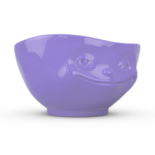 Load image into Gallery viewer, 16 ounce capacity porcelain bowl in purple color featuring a sculpted ‘grinning’ facial expression. From the TASSEN product family of fun dishware by FIFTYEIGHT Products. Quality bowl perfect for serving cereal, soup, snacks and much more.
