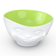 Load image into Gallery viewer, 16 ounce capacity porcelain bowl in white with pistachio color inside featuring a sculpted ‘grinning’ facial expression. From the TASSEN product family of fun dishware by FIFTYEIGHT Products. Quality bowl perfect for serving cereal, soup, snacks and much more.
