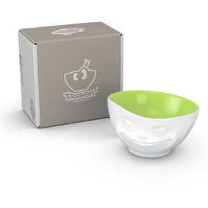 16 ounce capacity porcelain bowl in white with pistachio color inside featuring a sculpted ‘grinning’ facial expression. From the TASSEN product family of fun dishware by FIFTYEIGHT Products. Quality bowl perfect for serving cereal, soup, snacks and much more.