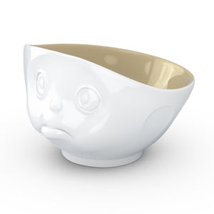 16 ounce capacity porcelain bowl in white with sand color on the inside featuring a sculpted ‘sulking’ facial expression. From the TASSEN product family of fun dishware by FIFTYEIGHT Products. Quality bowl perfect for serving cereal, soup, snacks and much more.
