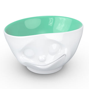16 ounce capacity porcelain bowl in white with jade color on the inside featuring a sculpted ‘happy’ facial expression. From the TASSEN product family of fun dishware by FIFTYEIGHT Products. Quality bowl perfect for serving cereal, soup, snacks and much more.